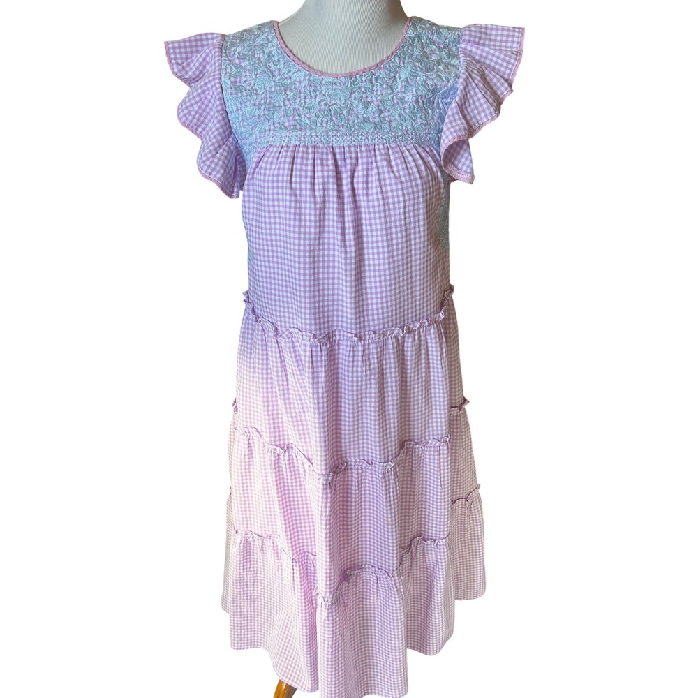 J. Marie Gingham Boho Tiered Maxi Dress XS Purple Blue Embroidered Ruffle